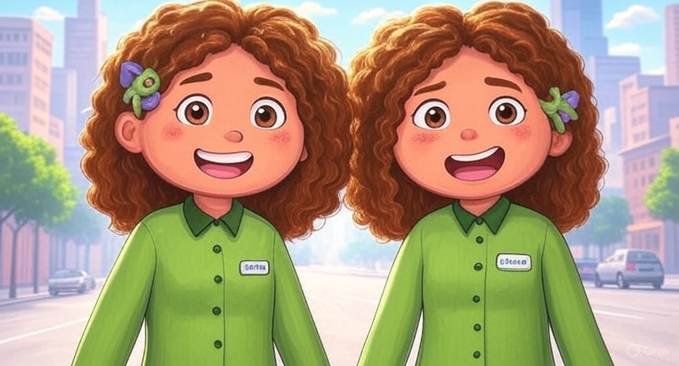 Twin girls in classroom with different outfits